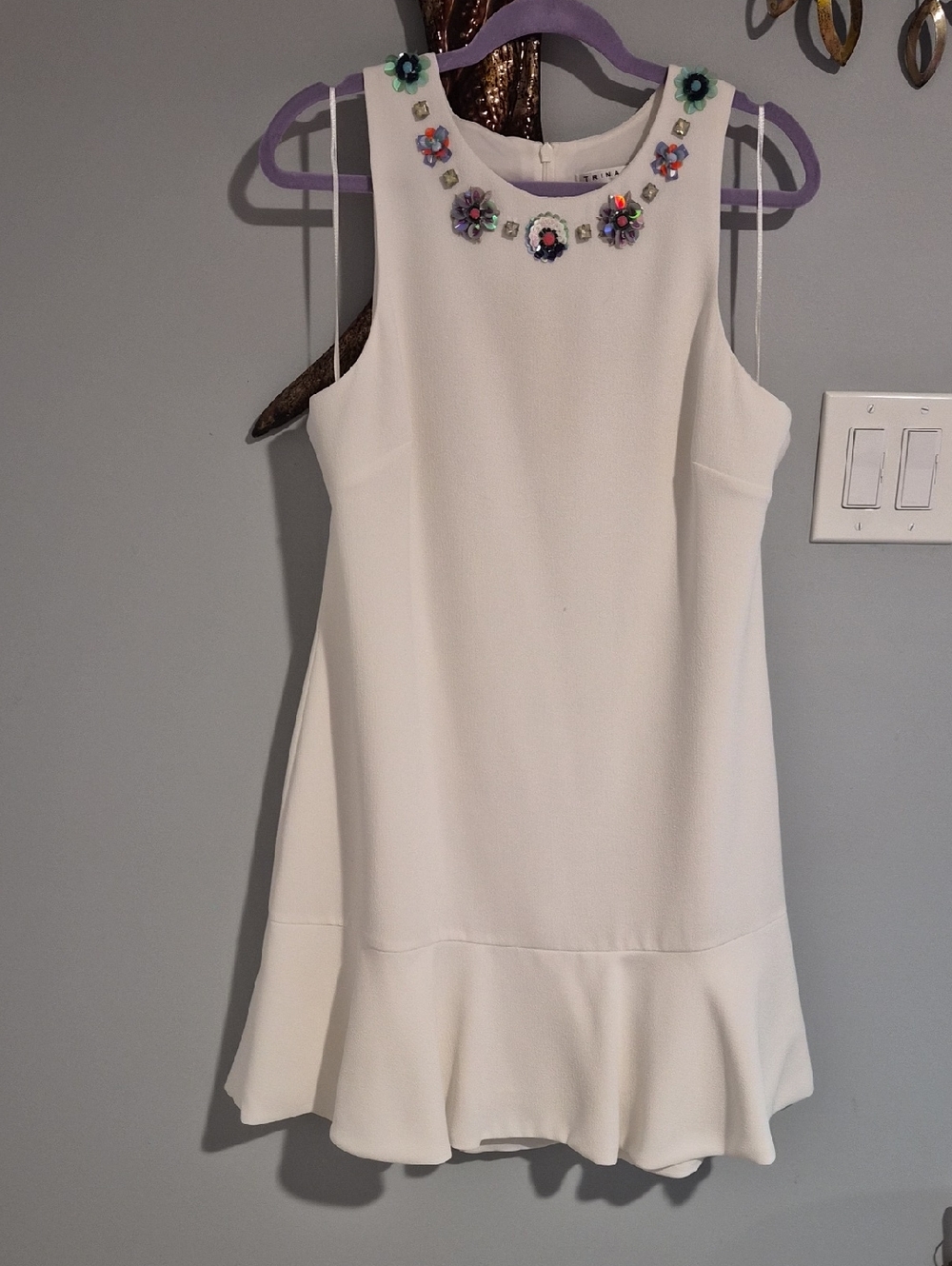 Trina Turk White Mini Dress with Jeweled Floral Neckline